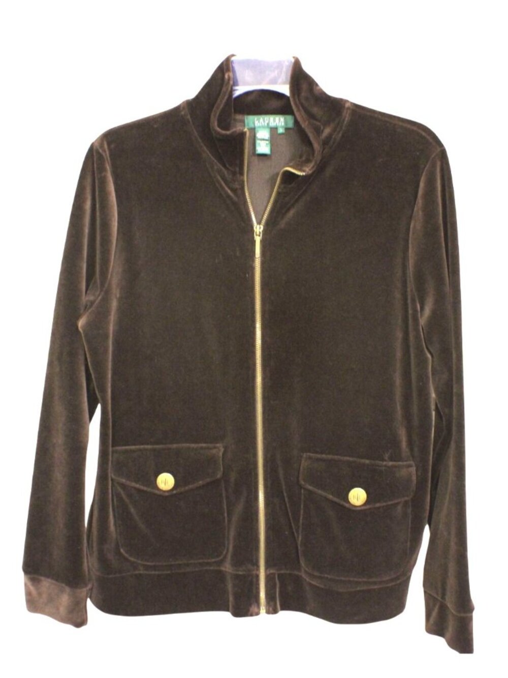 Lauren Ralph Lauren Large Brown Velour Velvet Full Zip Jacket Gold Snap Pockets